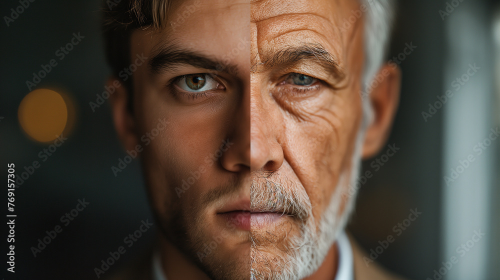 Naklejka premium split image portrait showing the two halves of the face of the same self-confident man as a young and an older man. Concept for change, aging but also life experience and development and dignity.
