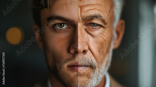 split image portrait showing the two halves of the face of the same self-confident man as a young and an older man. Concept for change, aging but also life experience and development and dignity.