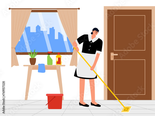 Girl mopping floor. Worker vector illustration.