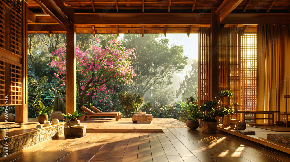 Fototapeta premium Traditional Japanese Garden with Wooden Architecture, Offering a Zen-like Atmosphere for Tranquility and Reflection