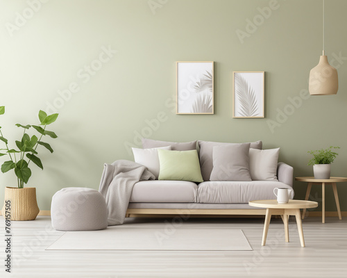Stylish living room interior with comfortable sofa coffee table houseplants and botanical posters © HecoPhoto