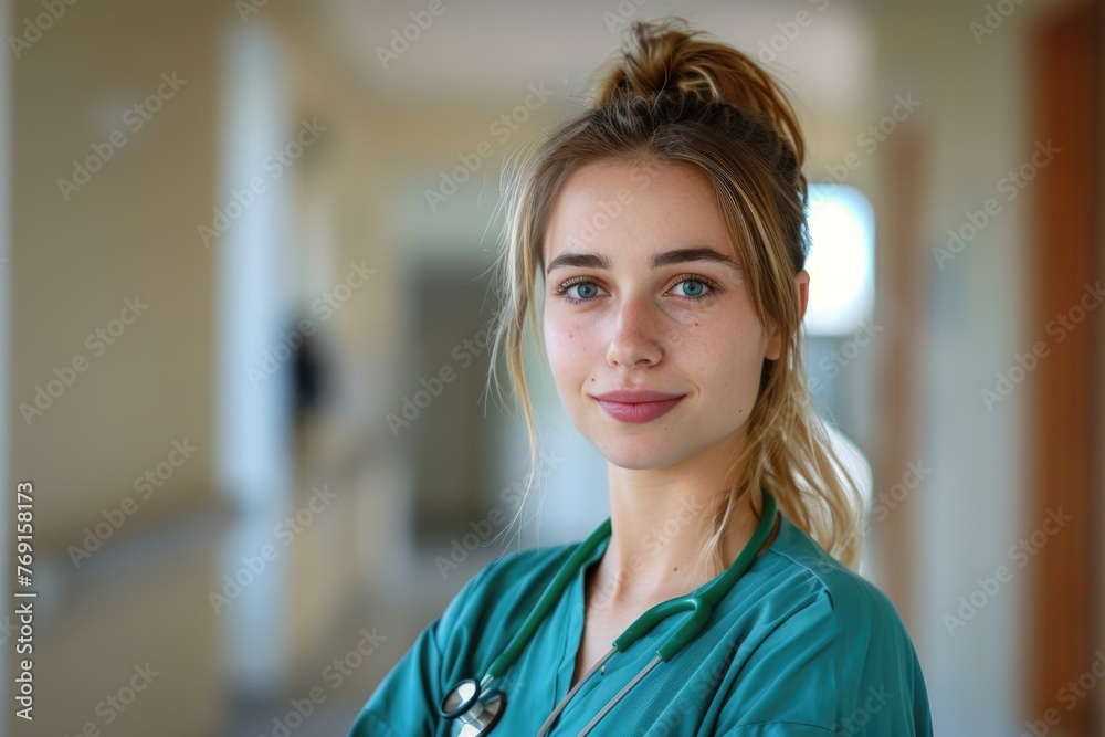 Portrait of a young female healthcare worker in scrubs at hospital Portrait of a young female healthcare worker in scrubs at hospital