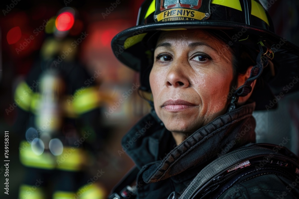 Portrait of a middle aged female fire fighter Portrait of a middle aged female fire fighter