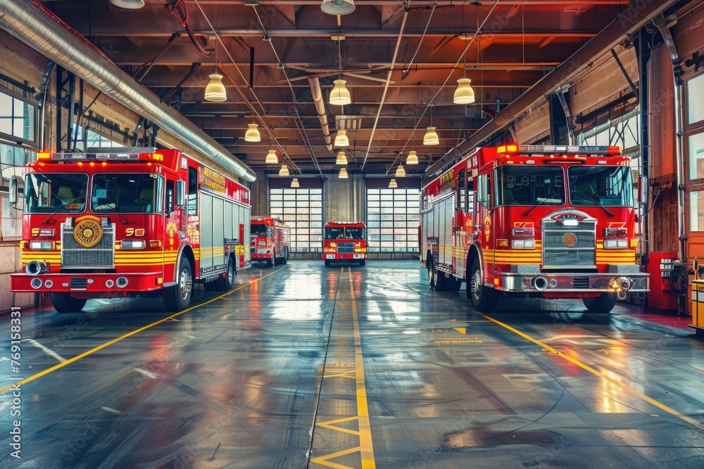 Interior of a fire station with fire trucks Interior of a fire station with fire trucks