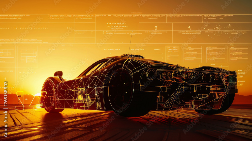 Prototype super car, double exposure overlay car and engine plan ...