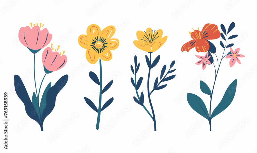 Set of flowers vector cartoon illustration in minimalism on white background, collection of flowers, group of flowers