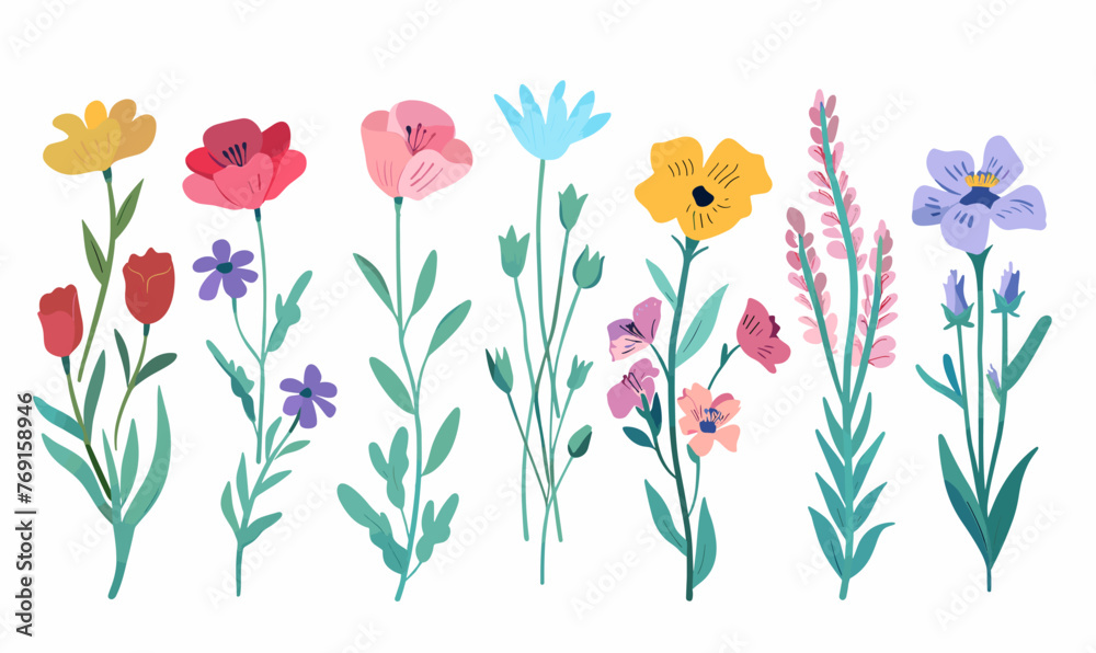 Set of flowers vector cartoon illustration in minimalism on white background, collection of flowers, group of flowers Set of flowers vector cartoon illustration in minimalism on white background, collection of flowers, group of flowers