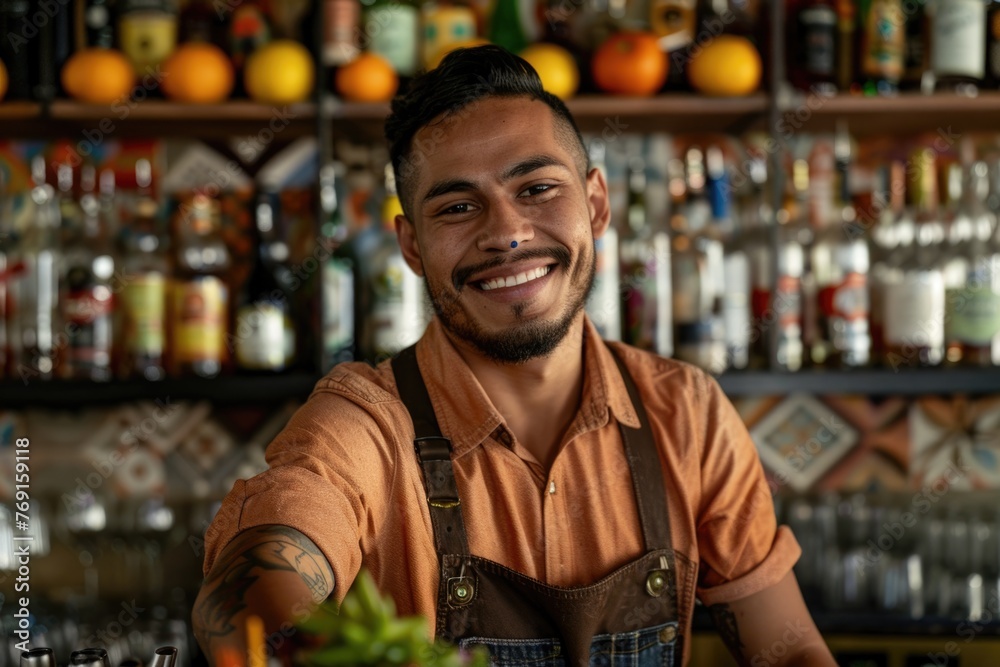 Portrait of a young male bartender in a bar