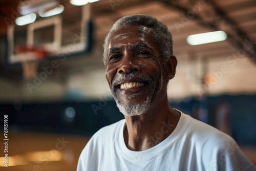 Smiling portrait of a senior man in indoor basketball gym