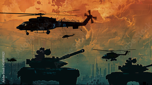 silhouette of military tanks and helicopters, overlay of world map. Modern warfare, army manoeuvres, attack force