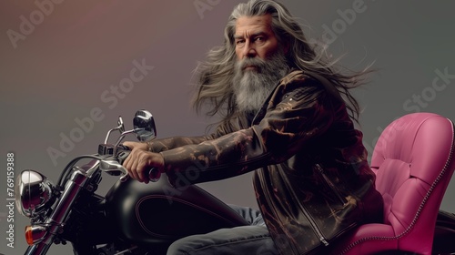 Älterer Mann mit Vollbart und langen Haaren sitzt auf einem Motorrad mit einem pinkfarbigen Sitz der wie ein Sessel aussieht