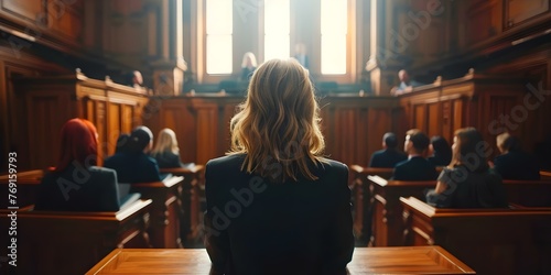 Court session with a female judge presiding people listening to arguments and evidence in a judicial system setting. Concept Court session, Female judge, Listening to arguments photo