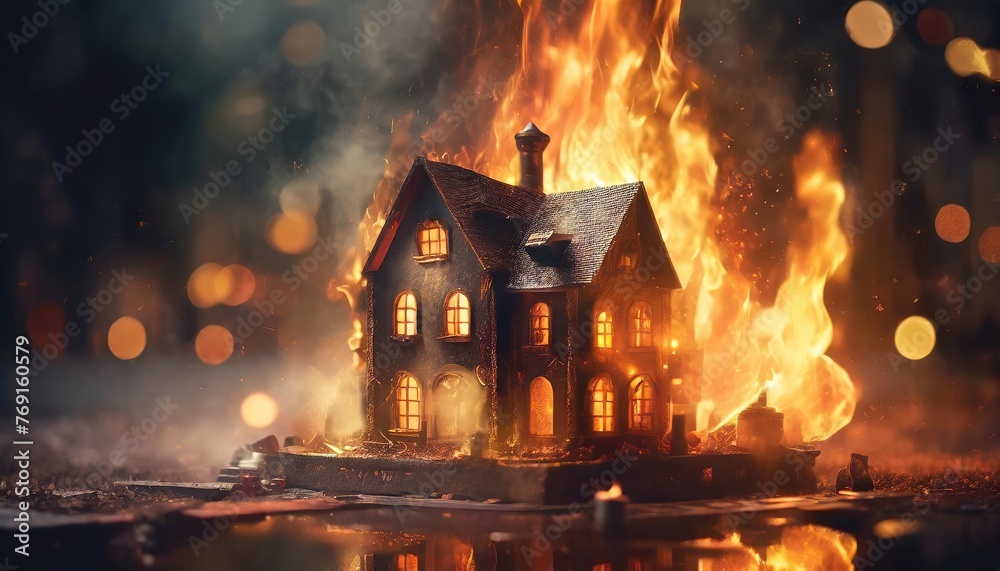 House Engulfed in Flames at Night