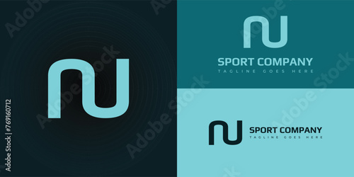 Abstract initial letter NU or UN logo in soft blue color isolated on multiple background colors. The logo is suitable for sports brand audiences business company icon logo design inspiration template photo