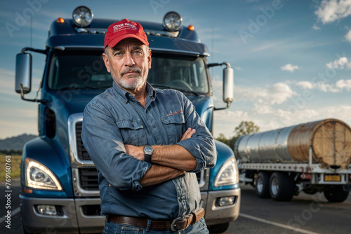 Experienced truck driver a man wearing a red hat stands in front of a blue semi truck. He is smiling and he is proud of his work photo
