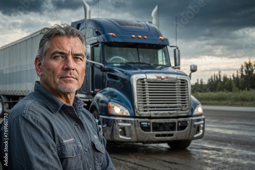 Experienced truck driver a man wearing stands in front of a blue semi truck