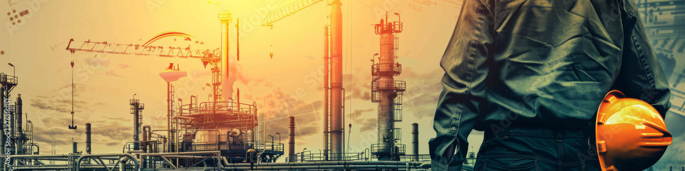Banner engineer hardhat Chemical plant overlay of plans. Concept design engineering Industry innovation Banner engineer hardhat Chemical plant overlay of plans. Concept design engineering Industry innovation