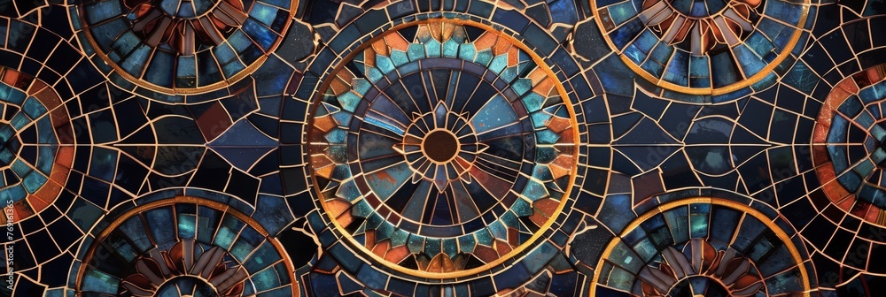An intricate mosaic tile pattern, inspired by the decorative floors and walls of the palaces and temples, featuring geometric shapes and vibrant colors created with Generative AI Technology