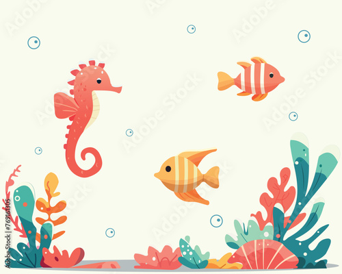Different sea fish and sea Horse in the water with seaweed. Aquarium fish. Flat style. Vector illustration
