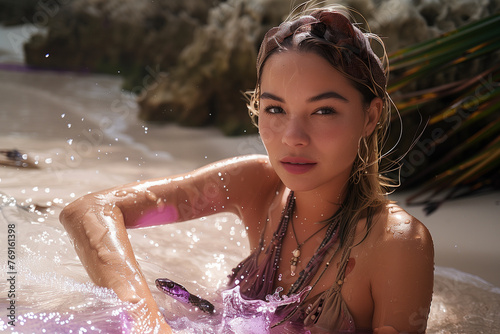 Rusian-oriental blond girl in the ocean, next to the rocks photo
