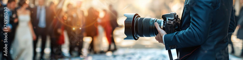 Banner background Wedding photographer congregation camera, marriage crowd celebration job
