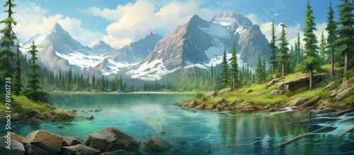 Scenic painting of a tranquil lake reflecting towering mountains in the background under a clear sky