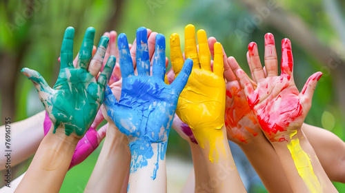 Colorful Painted Hands of Playful Children in a Park photo