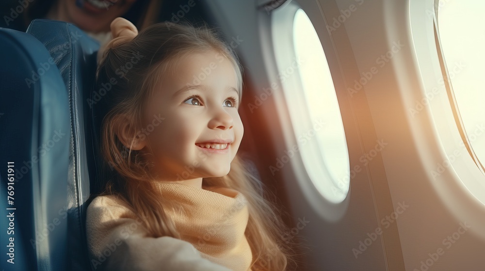 Adorable Little Girl Sitting by Airplane Window Adorable Little Girl Sitting by Airplane Window