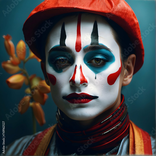 Artistic close-up of a clown with stylized makeup in red and blue, evoking strong emotions photo