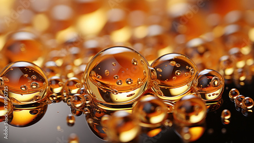 Oil drops on water. Oil spheres floating in a golden liquid. Bubbles of different sizes on orange abstract background