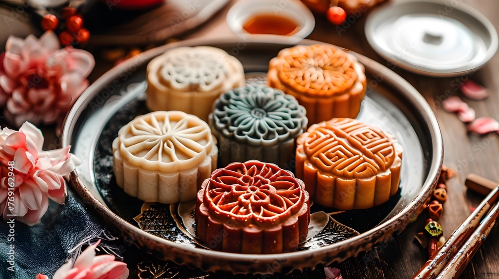 A plate full of mooncakes with exquisite flora pattern
