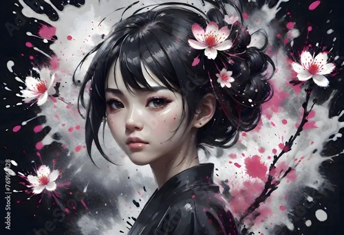 Person in Traditional Japanese Attire Surrounded by Cherry Blossoms, Generative AI