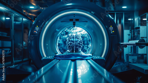Medical image of MRI scanner with illustration of brain activity scan on patient. Modern medicine photo