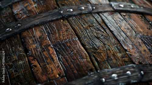 An old rum barrel texture, with dark wood staves and metal bands, evoking the spirit of pirate camaraderie and the celebratory drinks shared after a voyage created with Generative AI Technology photo