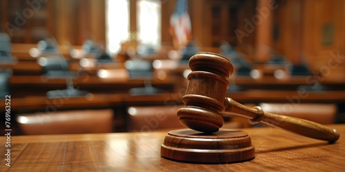 A judge's gavel on a courtroom table as an attorney speaks to a magistrate during a civil case hearing. Concept Legal proceedings, Civil case, Attorney, Courtroom, Judge's gavel