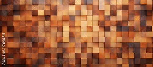 Detailed view of a textured wooden wall featuring numerous square panels of wood in varying shades and patterns