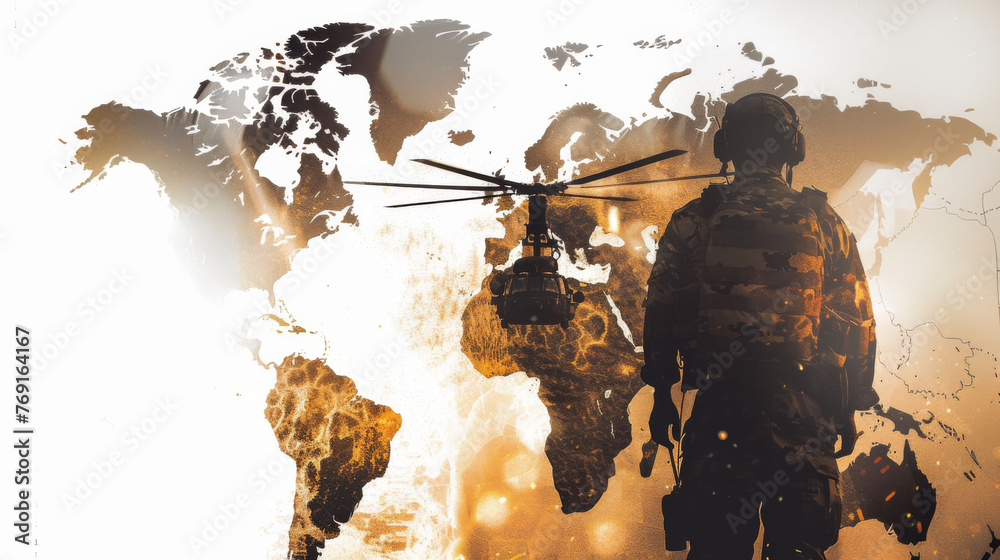 Silhouette of infantry soldier and helicopter with an overlay of the world map, Concept world police and deployment anywhere. Military visual - obrazy, fototapety, plakaty 