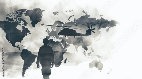 Silhouette of infantry soldier and helicopter with an overlay of the world map, Concept world police and deployment anywhere. Military visual photo