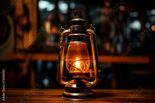 Vintage kerosene lamp on wooden table in dark room.