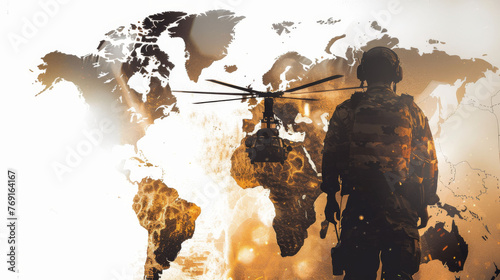 Silhouette of infantry soldier and helicopter with an overlay of the world map, Concept world police and deployment anywhere. Military visual photo