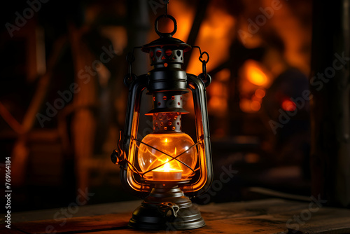Old kerosene lamp on the background of a burning fire.
