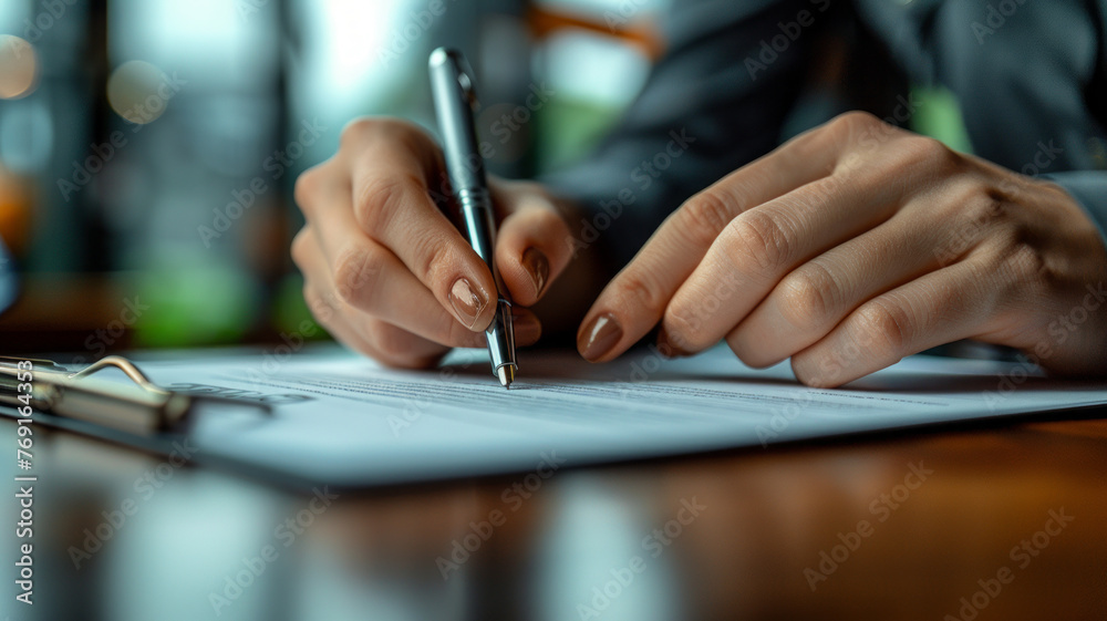 hands signing a surety agreement with a pen, with the blurry background of a bank office.generative ai hands signing a surety agreement with a pen, with the blurry background of a bank office.generative ai