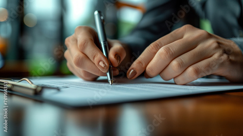 hands signing a surety agreement with a pen, with the blurry background of a bank office.generative ai