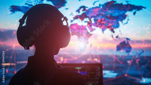 Silhouette of an air traffic controller with headset, world map backdrop, dusk: global communication, remote tech solutions