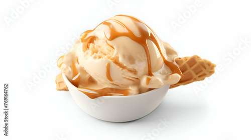 Delicious ice cream with caramel sauce on white background. closeup