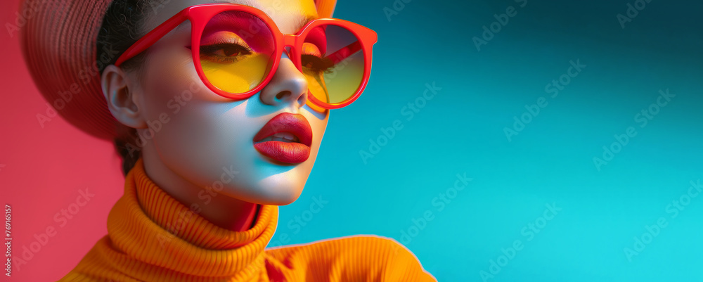 A woman with rainbow colored hair and makeup is wearing pink glasses. She has a bright and colorful look, which gives off a fun and playful vibe. creative pop art photography