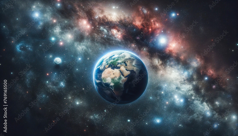 Fototapeta premium Earth, a blue marble, cradled by the vibrant tapestry of the cosmos.