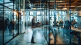 Blurred modern office workplace with people busy working behind glass wall room. AI generated image