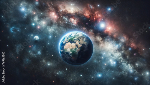 Earth, a blue marble, cradled by the vibrant tapestry of the cosmos.