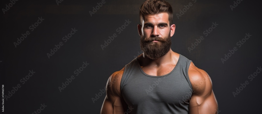 A bearded man in a gray tank top is confidently posing for the camera A bearded man in a gray tank top is confidently posing for the camera